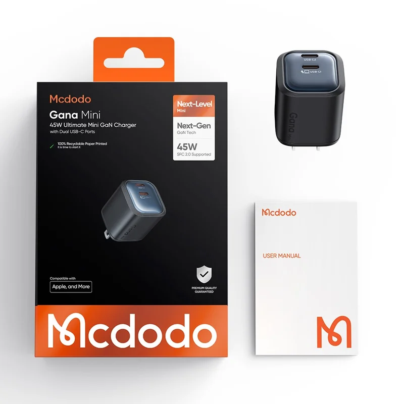 MCDODO CH-1022 US Plug 45W Fast Charging Adapter Dual USB-C GaN Charger for iPhone iPad MacBook Samsung - Black