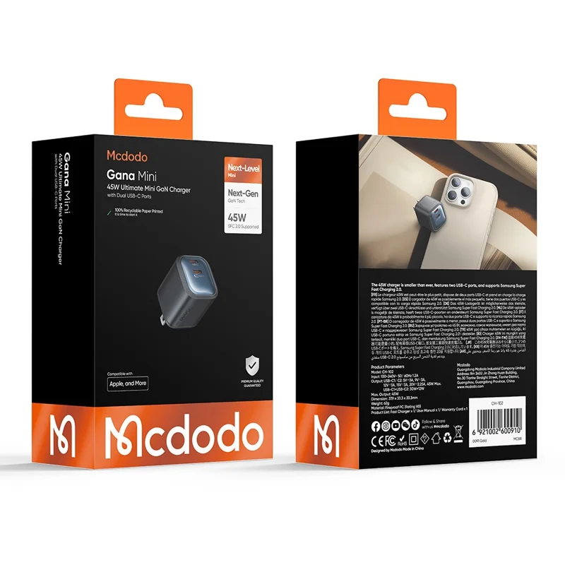 MCDODO CH-1022 US Plug 45W Fast Charging Adapter Dual USB-C GaN Charger for iPhone iPad MacBook Samsung - Black