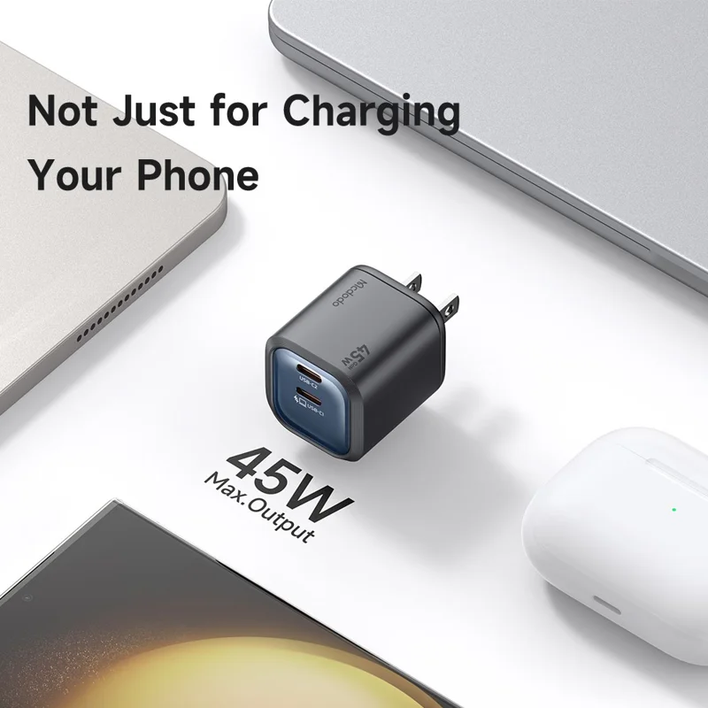 MCDODO CH-1022 US Plug 45W Fast Charging Adapter Dual USB-C GaN Charger for iPhone iPad MacBook Samsung - Black