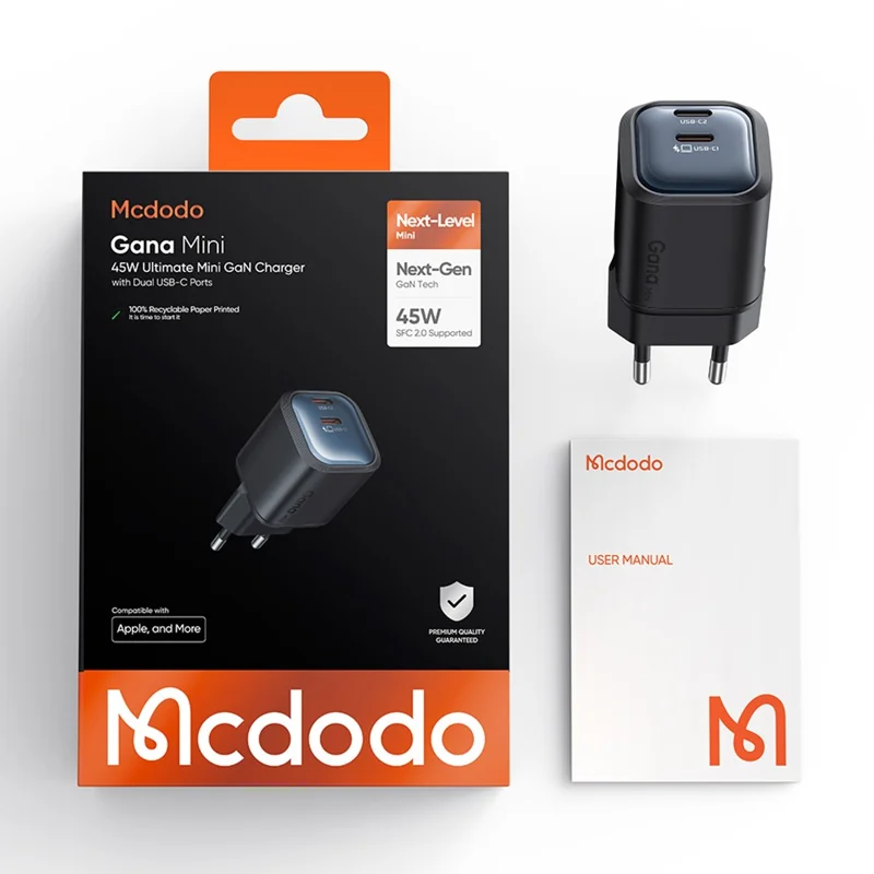 MCDODO CH-1002 EU Plug 45W Fast Charging Adapter Dual USB-C GaN Charger for iPhone iPad MacBook Samsung - Black
