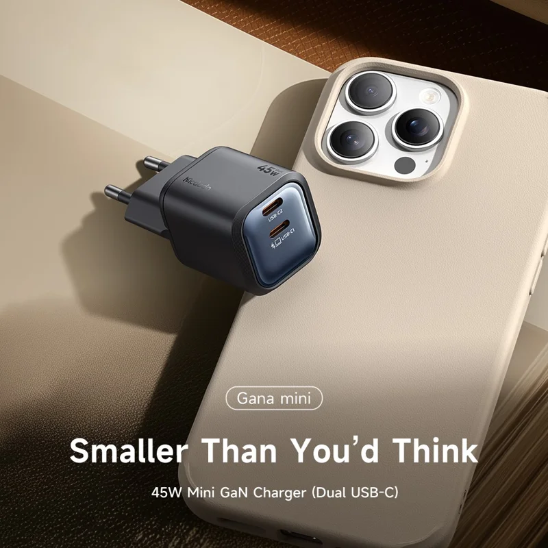 MCDODO CH-1002 EU Plug 45W Fast Charging Adapter Dual USB-C GaN Charger for iPhone iPad MacBook Samsung - Black