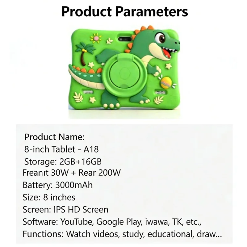 A18 8-Zoll-HD-Bildschirm Android Lern-Tablet mit Doppelkamera, Bildungstablette für Kinder, 2+16 GB / EU-Stecker – Grün