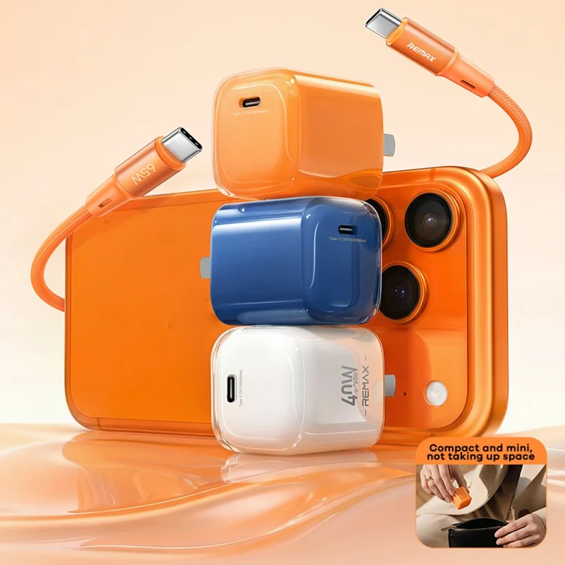 REMAX CA-26(C60W) EU Plug  GaN Fast Charger Set with USB-C to C Cable Type-C PD Quick Charging Adapter Kit - Orange