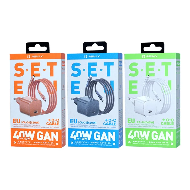 REMAX CA-26(C60W) EU Plug  GaN Fast Charger Set with USB-C to C Cable Type-C PD Quick Charging Adapter Kit - Orange