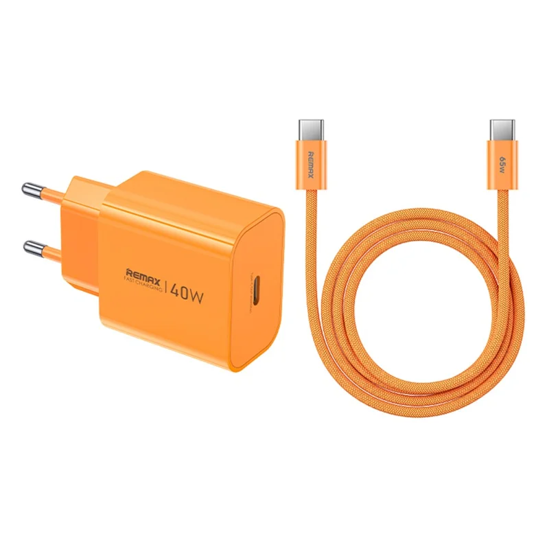 REMAX CA10(C40W) Chargeur GaN Kit 40 W Adaptateur USB-C PD + Câble USB-C vers USB-C 65 W Prise UE Ensemble de Chargement Rapide - Orange