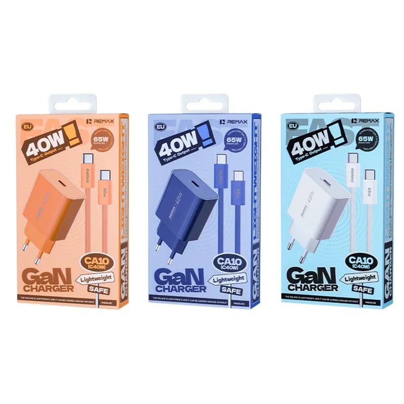 REMAX CA10(C40W) Chargeur GaN Kit 40 W Adaptateur USB-C PD + Câble USB-C vers USB-C 65 W Prise UE Ensemble de Chargement Rapide - Orange