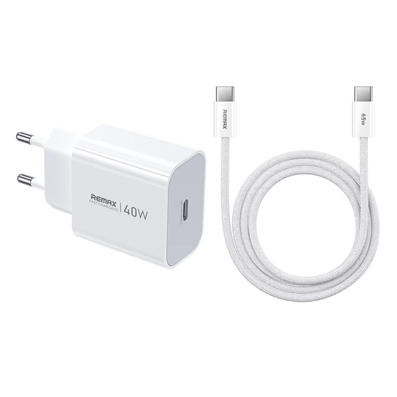Chargeur REMAX CA10(C40W) GaN 40 W avec câble USB-C vers USB-C 65 W, adaptateur PD USB-C et prise UE, kit de charge rapide - Blanc