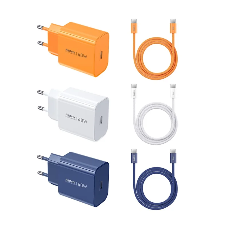 Chargeur REMAX CA10(C40W) GaN 40 W avec câble USB-C vers USB-C 65 W, adaptateur PD USB-C et prise UE, kit de charge rapide - Blanc