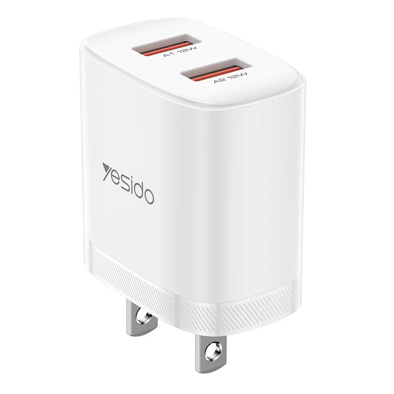 YESIDO YC17U US Plug Dual USB Wall Charger 2.4A 12W Fast Charging Adapter with USB-A to USB-C Cable - White