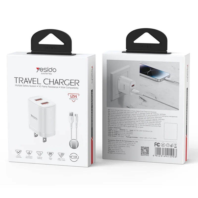 YESIDO YC17U US Plug Dual USB Wall Charger 2.4A 12W Fast Charging Adapter with USB-A to USB-C Cable - White