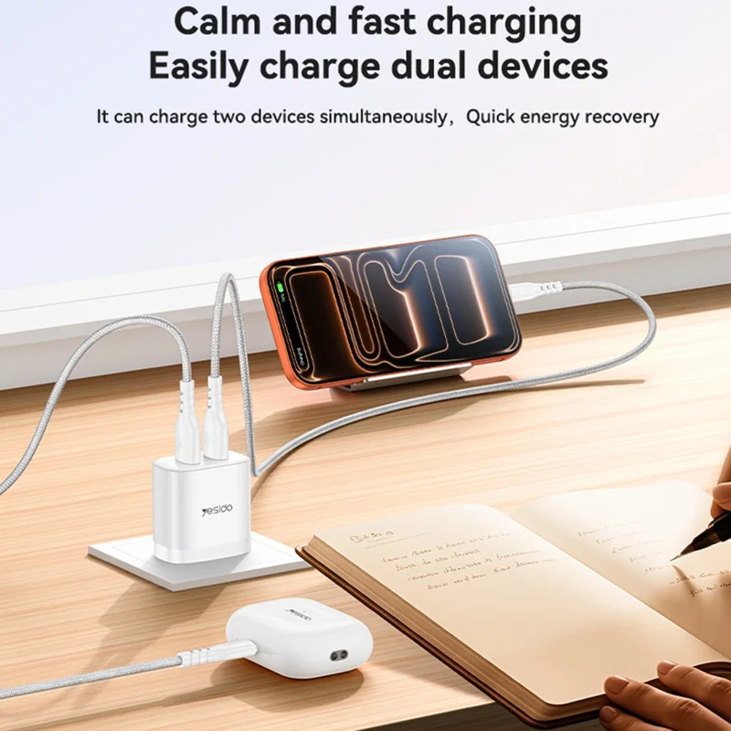 YESIDO YC17U US Plug Dual USB Wall Charger 2.4A 12W Fast Charging Adapter with USB-A to USB-C Cable - White