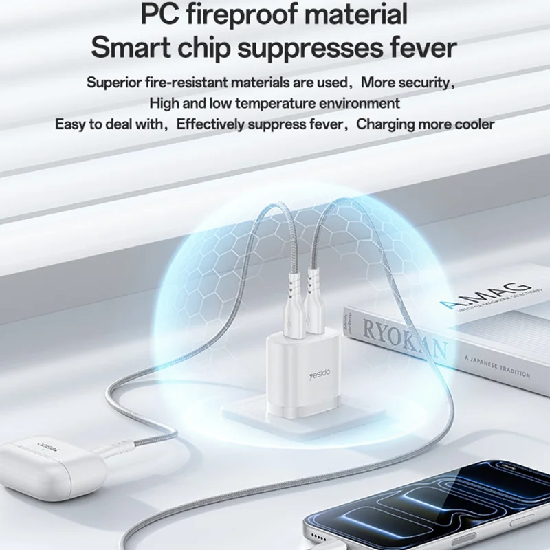 YESIDO YC17U US Plug Dual USB Wall Charger 2.4A 12W Fast Charging Adapter with USB-A to USB-C Cable - White