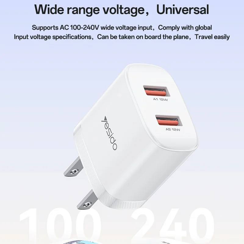 YESIDO YC17U US Plug Dual USB Wall Charger 2.4A 12W Fast Charging Adapter with USB-A to USB-C Cable - White