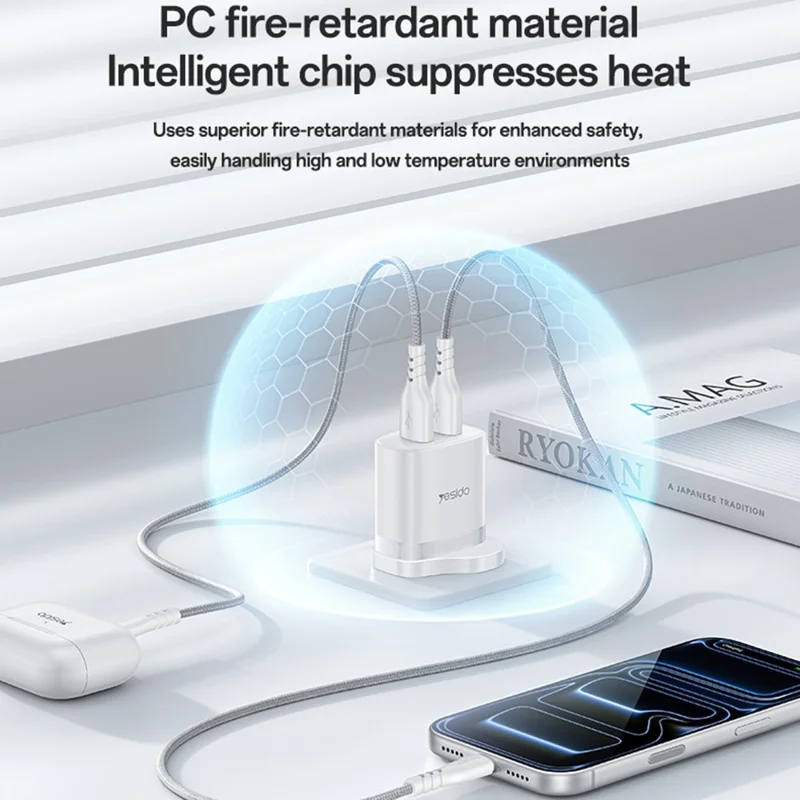 YESIDO YC150 UK Plug Dual USB Wall Charger 2.4A 12W Fast Charging Adapter with USB-A to USB-C Cable - White