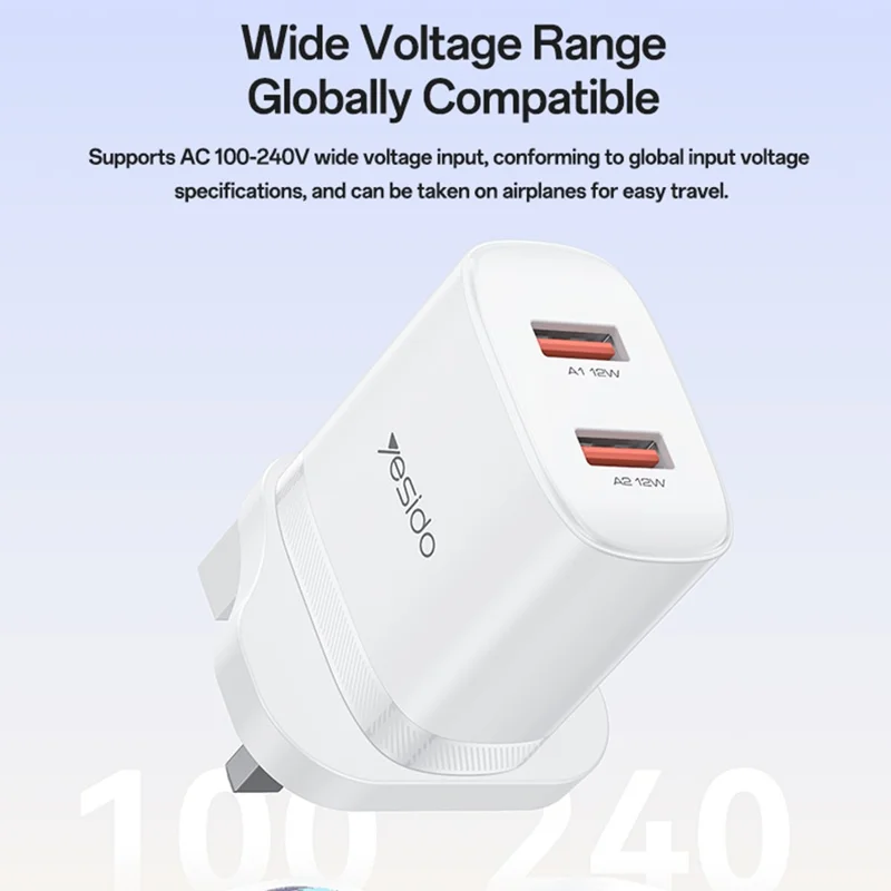 YESIDO YC150 UK Plug Dual USB Wall Charger 2.4A 12W Fast Charging Adapter with USB-A to USB-C Cable - White