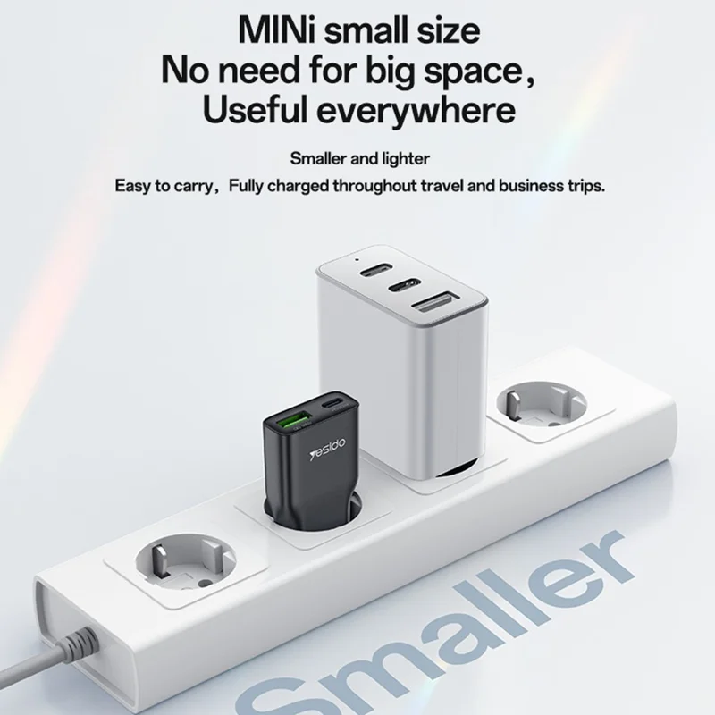 YESIDO YC112 Ultra Thin 20W Fast Charging Adapter USB + Type-C Dual Port Wall Charger, EU Plug - Black