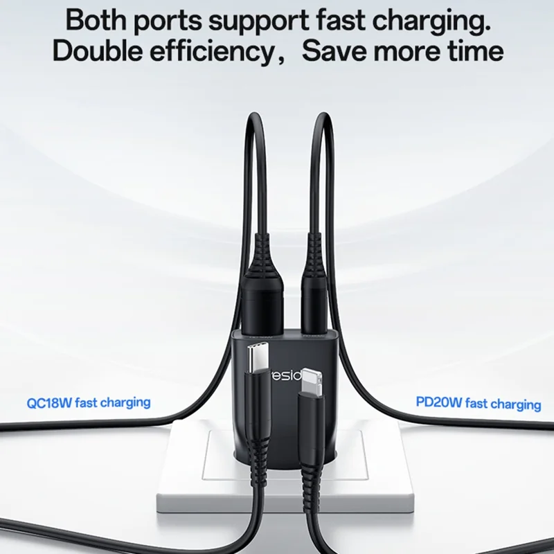 YESIDO YC112 Ultra Thin 20W Fast Charging Adapter USB + Type-C Dual Port Wall Charger, EU Plug - Black