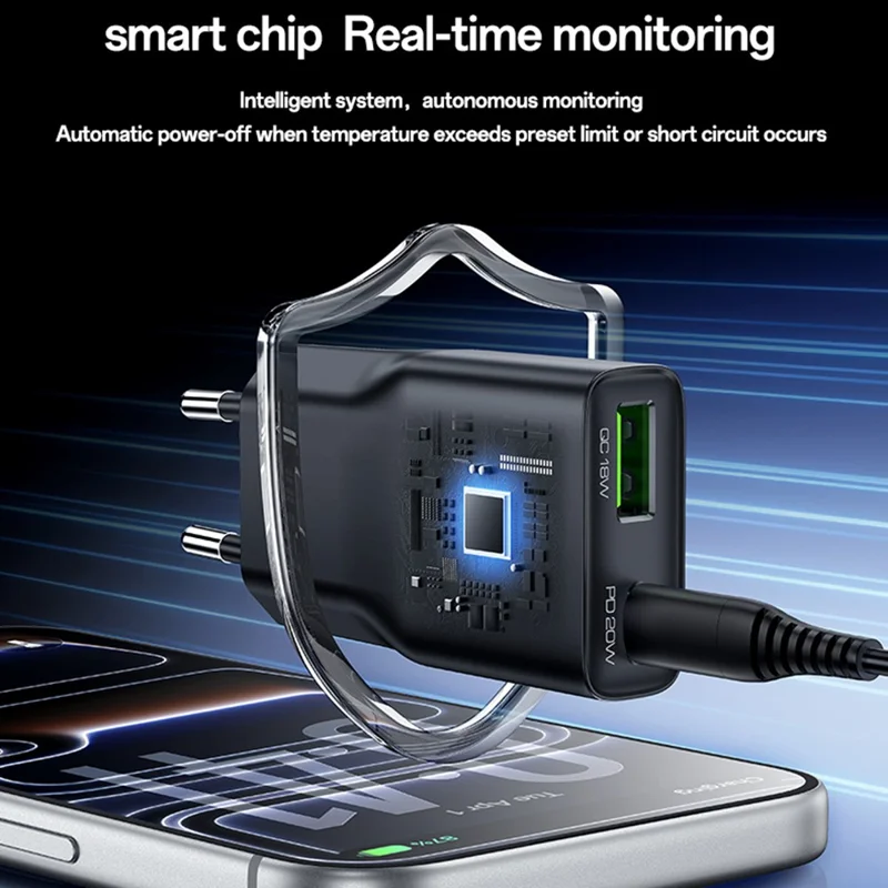 YESIDO YC112 Ultra Thin 20W Fast Charging Adapter USB + Type-C Dual Port Wall Charger, EU Plug - Black