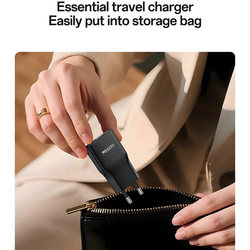 YESIDO YC112 Ultra Thin 20W Fast Charging Adapter USB + Type-C Dual Port Wall Charger, EU Plug - Black