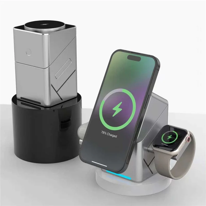W10 3 in 1 Magnetic Wireless Charger 15W Fast Charging Stand for iPhone Samsung Phone Watch Earbuds - Grey