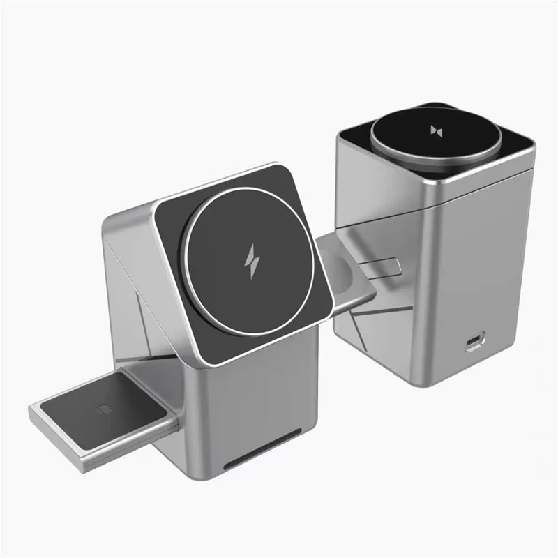 W10 3 in 1 Magnetic Wireless Charger 15W Fast Charging Stand for iPhone Samsung Phone Watch Earbuds - Grey