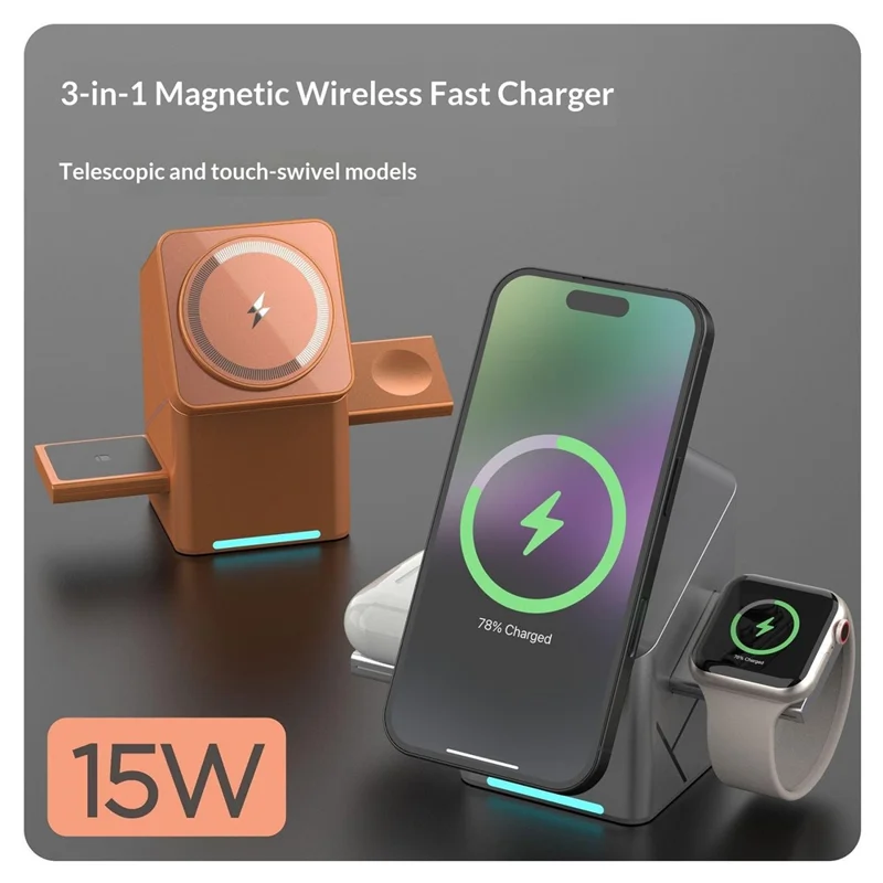 W10 3 in 1 Magnetic Wireless Charger 15W Fast Charging Stand for iPhone Samsung Phone Watch Earbuds - Grey