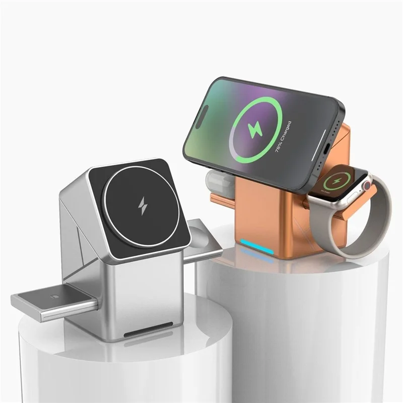 W10 3 in 1 Magnetic Wireless Charger 15W Fast Charging Stand for iPhone Samsung Phone Watch Earbuds - Grey