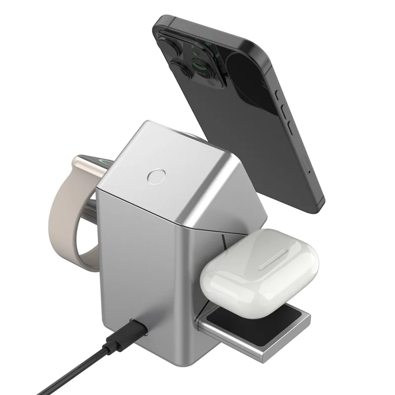 W10 3 in 1 Magnetic Wireless Charger 15W Fast Charging Stand for iPhone Samsung Phone Watch Earbuds - Grey