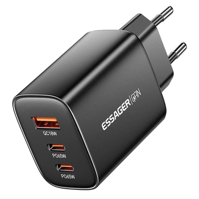 ESSAGER 65W Fast Charging Adapter USB-A + 2 USB-C Travel GaN Charger for Laptop Phone - EU Plug
