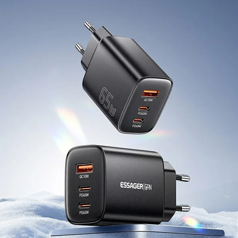 ESSAGER 65W Fast Charging Adapter USB-A + 2 USB-C Travel GaN Charger for Laptop Phone - EU Plug