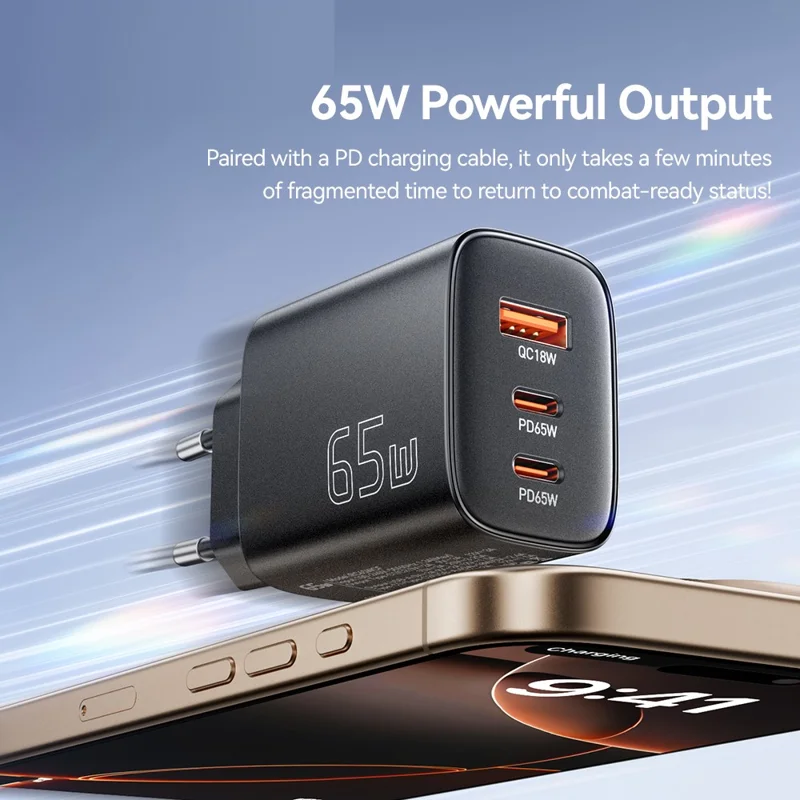 ESSAGER 65W Fast Charging Adapter USB-A + 2 USB-C Travel GaN Charger for Laptop Phone - EU Plug