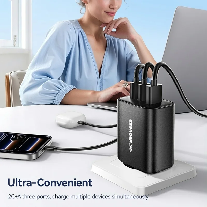 ESSAGER 65W Fast Charging Adapter USB-A + 2 USB-C Travel GaN Charger for Laptop Phone - EU Plug