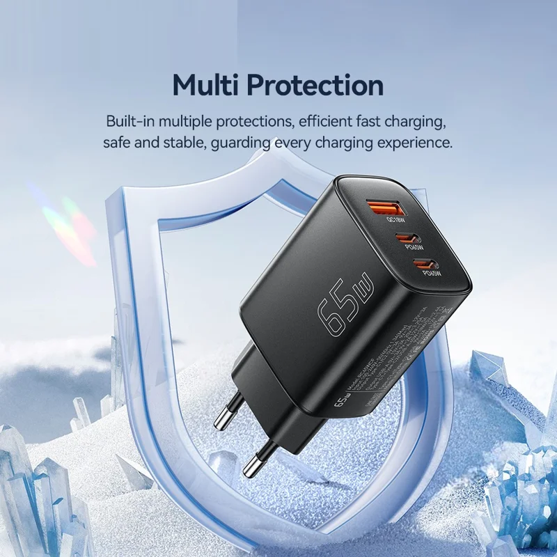 ESSAGER 65W Fast Charging Adapter USB-A + 2 USB-C Travel GaN Charger for Laptop Phone - EU Plug