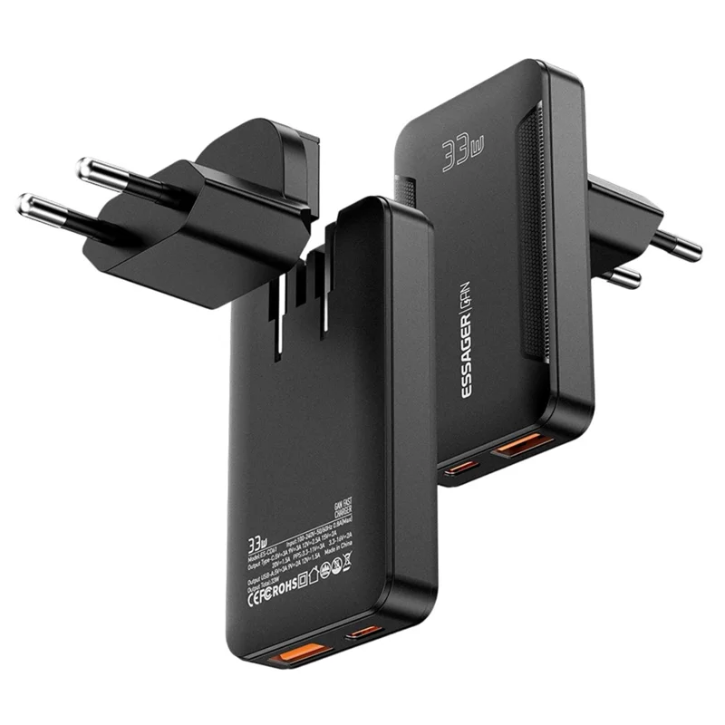 ESSAGER 33W GaN Travel Charger Type-C + USB-A Dual Port Ultra Slim Fast Charging Adapter - EU Plug
