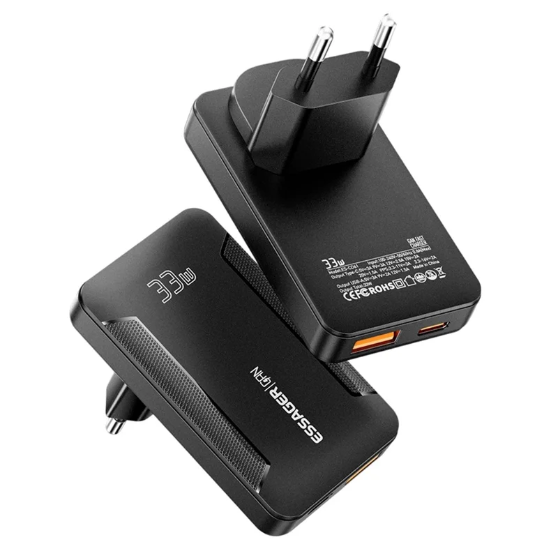 ESSAGER 33W GaN Travel Charger Type-C + USB-A Dual Port Ultra Slim Fast Charging Adapter - EU Plug