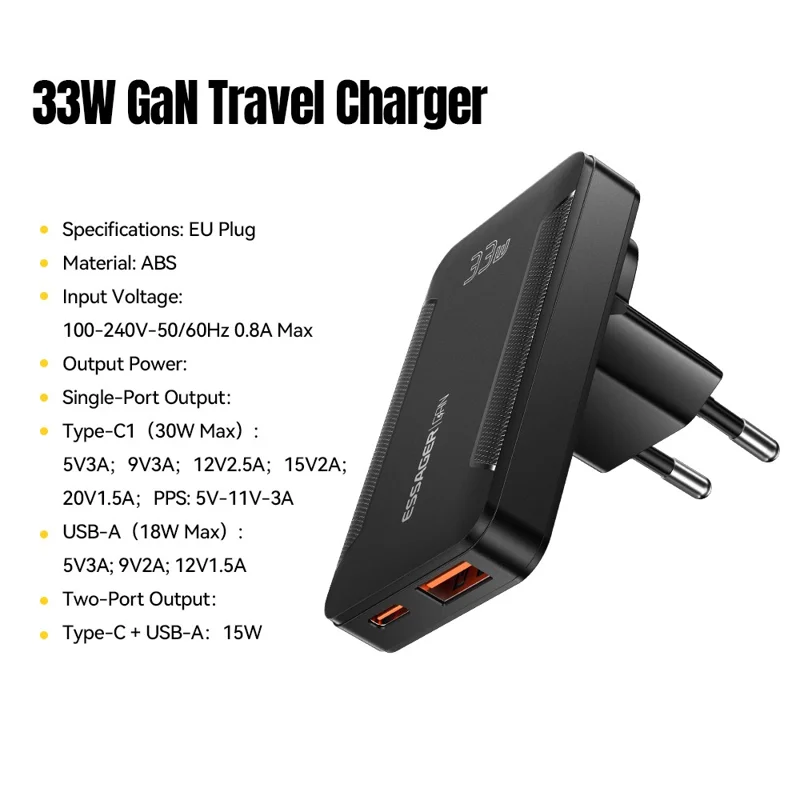 ESSAGER 33W GaN Travel Charger Type-C + USB-A Dual Port Ultra Slim Fast Charging Adapter - EU Plug