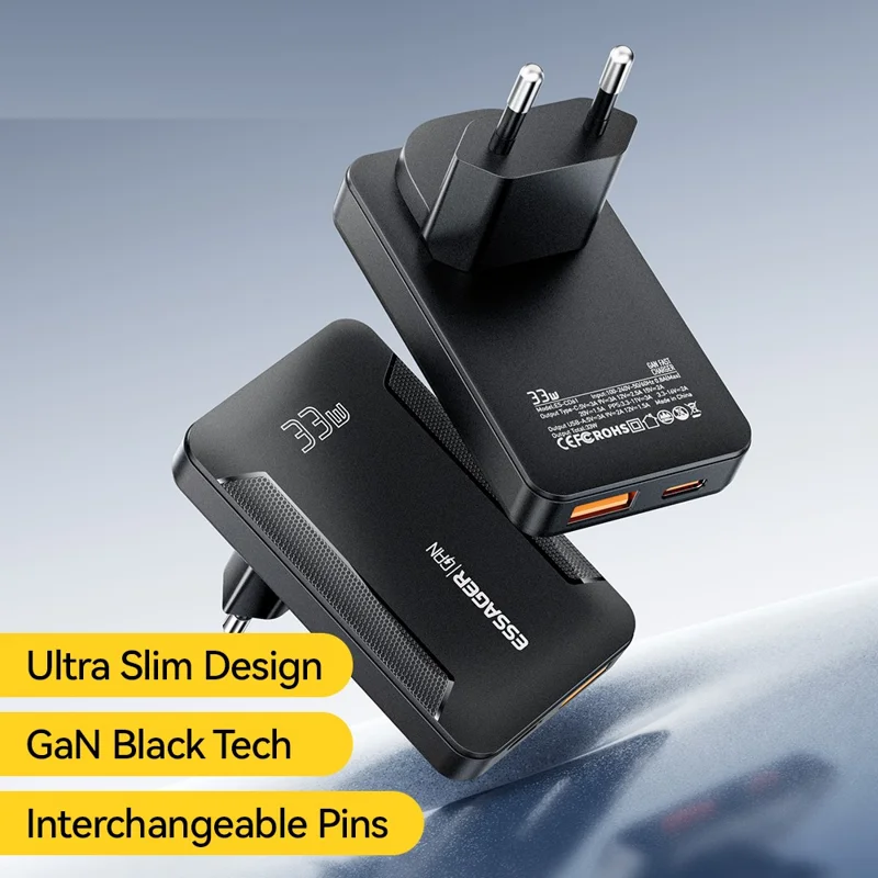 ESSAGER 33W GaN Travel Charger Type-C + USB-A Dual Port Ultra Slim Fast Charging Adapter - EU Plug