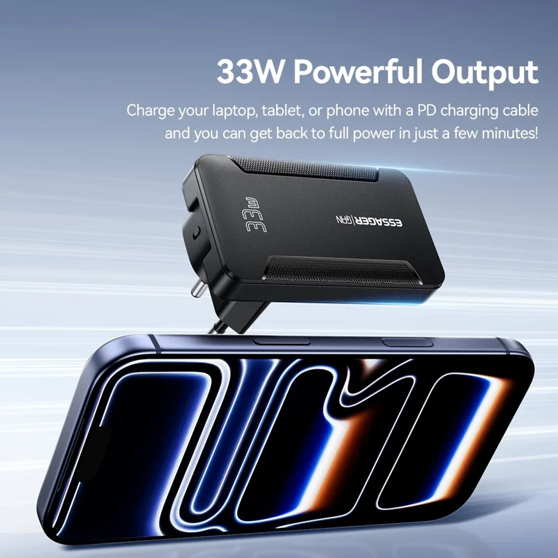 ESSAGER 33W GaN Travel Charger Type-C + USB-A Dual Port Ultra Slim Fast Charging Adapter - EU Plug