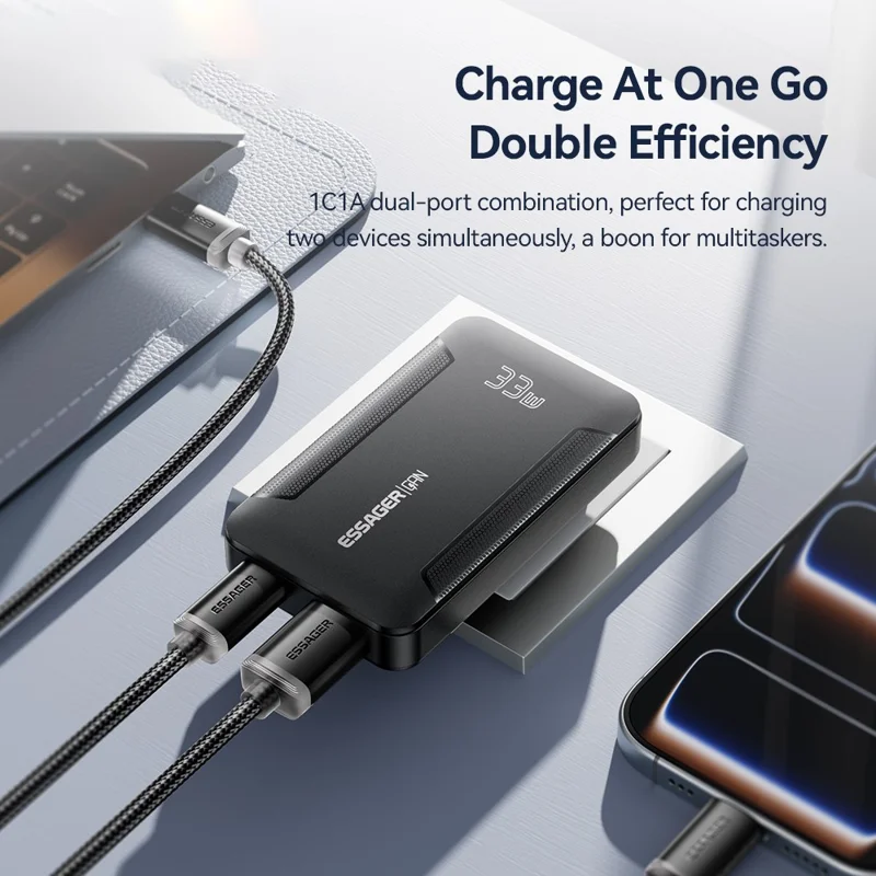 ESSAGER 33W GaN Travel Charger Type-C + USB-A Dual Port Ultra Slim Fast Charging Adapter - EU Plug