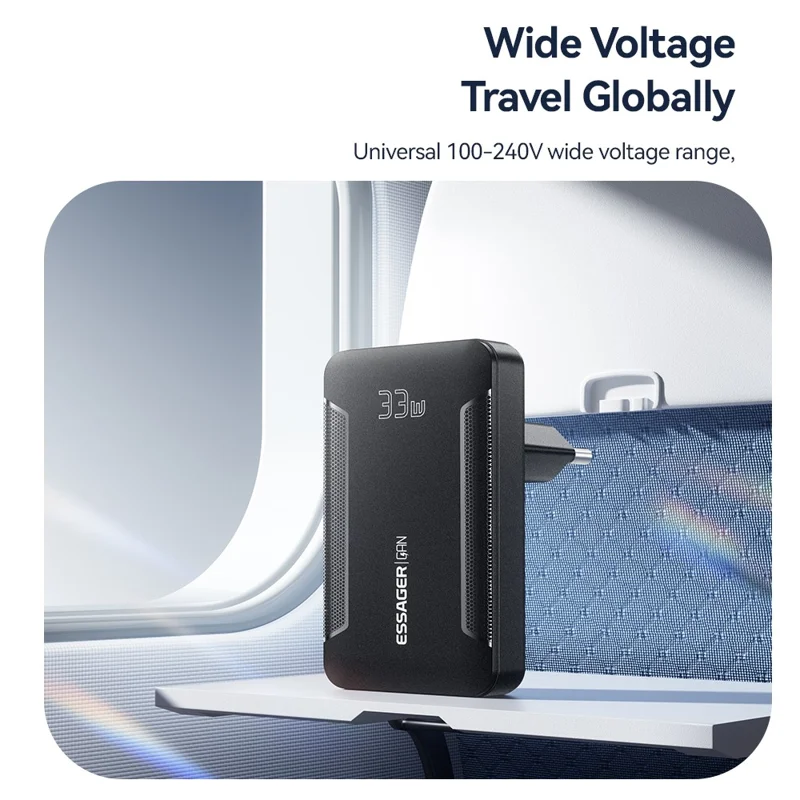 ESSAGER 33W GaN Travel Charger Type-C + USB-A Dual Port Ultra Slim Fast Charging Adapter - EU Plug
