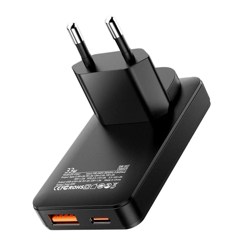 ESSAGER 33W GaN Travel Charger Type-C + USB-A Dual Port Ultra Slim Fast Charging Adapter - EU Plug