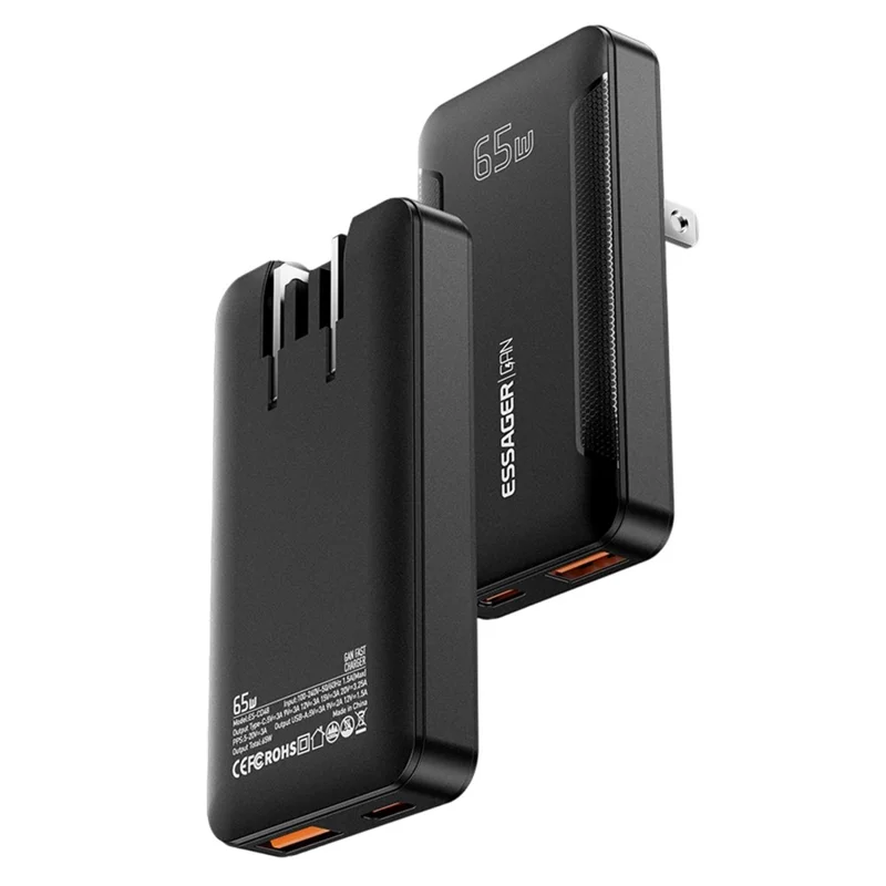 ESSAGER US-Stecker 65W GaN Ultraflacher Reiseladegerät USB-C + USB-A Schnellladegerät für MacBook iPhone iPad - Schwarz