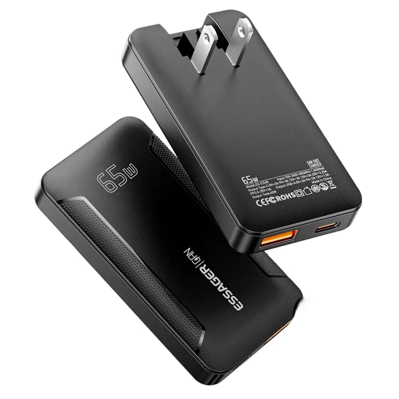 ESSAGER US-Stecker 65W GaN Ultraflacher Reiseladegerät USB-C + USB-A Schnellladegerät für MacBook iPhone iPad - Schwarz