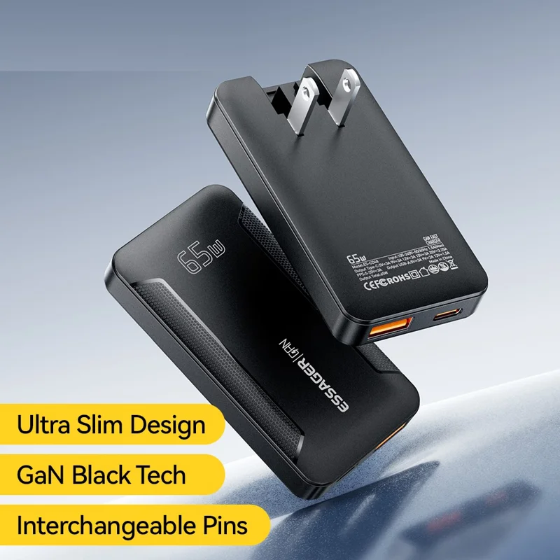 ESSAGER US-Stecker 65W GaN Ultraflacher Reiseladegerät USB-C + USB-A Schnellladegerät für MacBook iPhone iPad - Schwarz