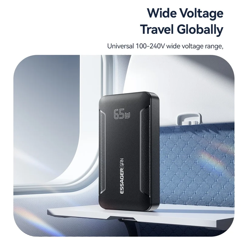 ESSAGER US-Stecker 65W GaN Ultraflacher Reiseladegerät USB-C + USB-A Schnellladegerät für MacBook iPhone iPad - Schwarz