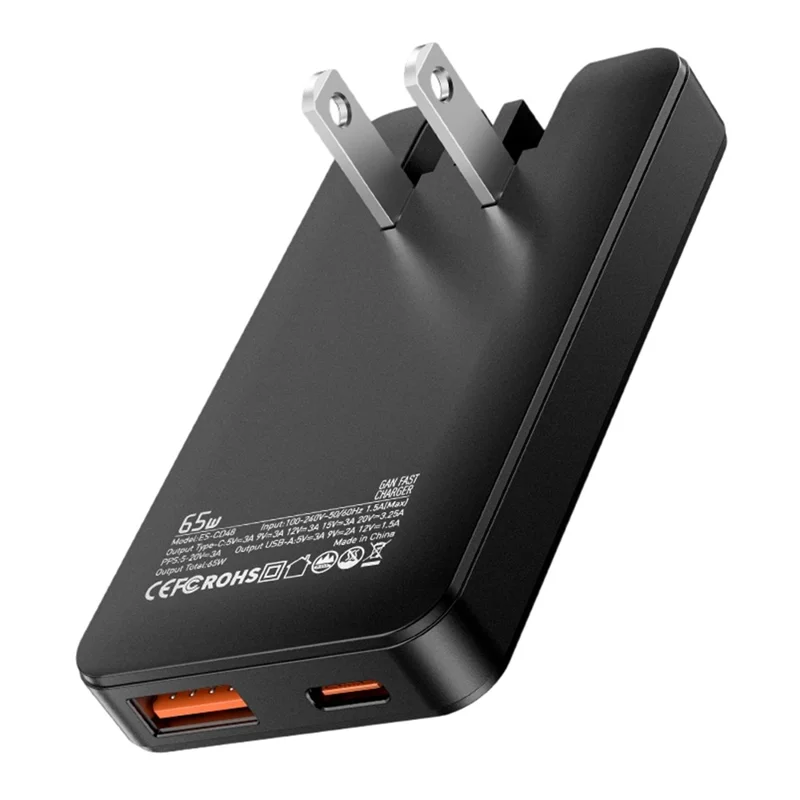 ESSAGER US-Stecker 65W GaN Ultraflacher Reiseladegerät USB-C + USB-A Schnellladegerät für MacBook iPhone iPad - Schwarz