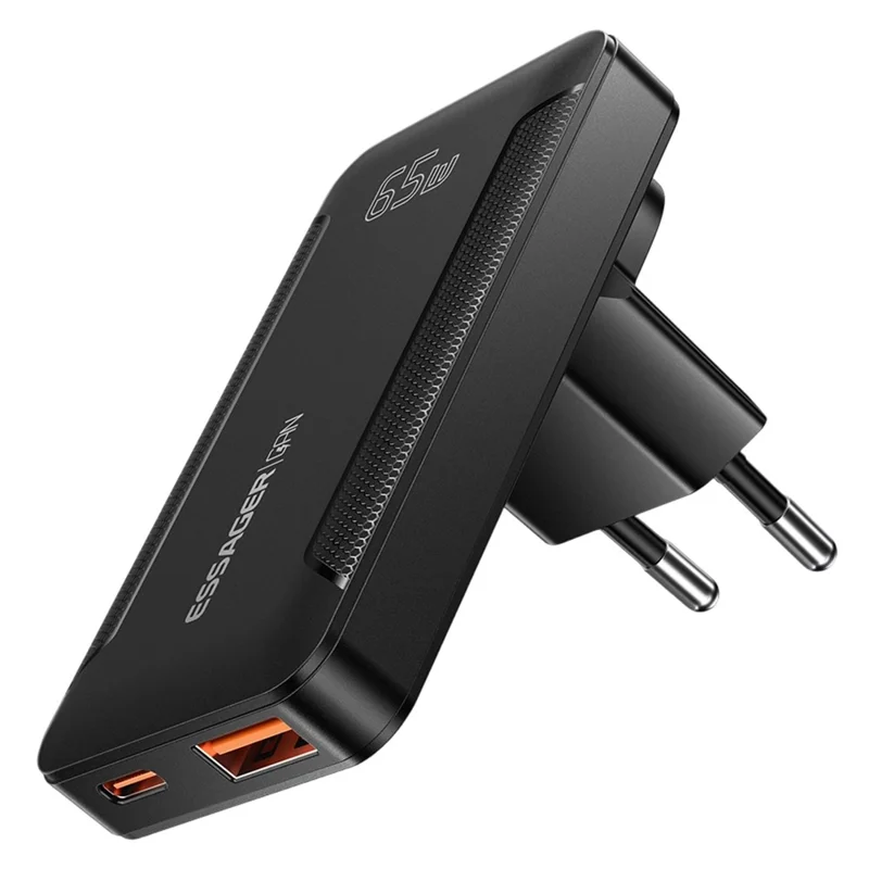 ESSAGER 65W GaN Ultraflacher Reiseladegerät USB-C + USB-A Schnellladegerät für MacBook iPhone iPad – EU-Stecker