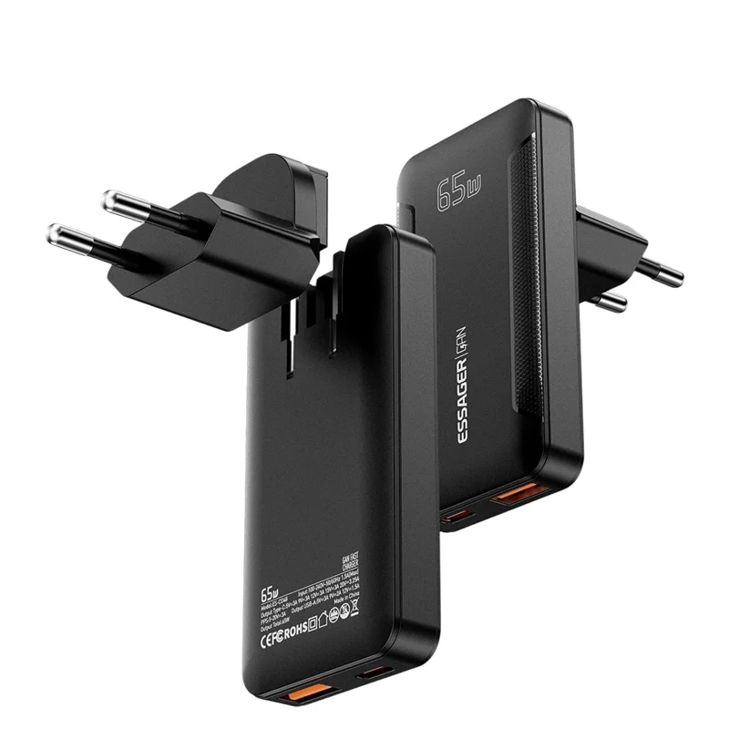 ESSAGER 65W GaN Ultraflacher Reiseladegerät USB-C + USB-A Schnellladegerät für MacBook iPhone iPad – EU-Stecker