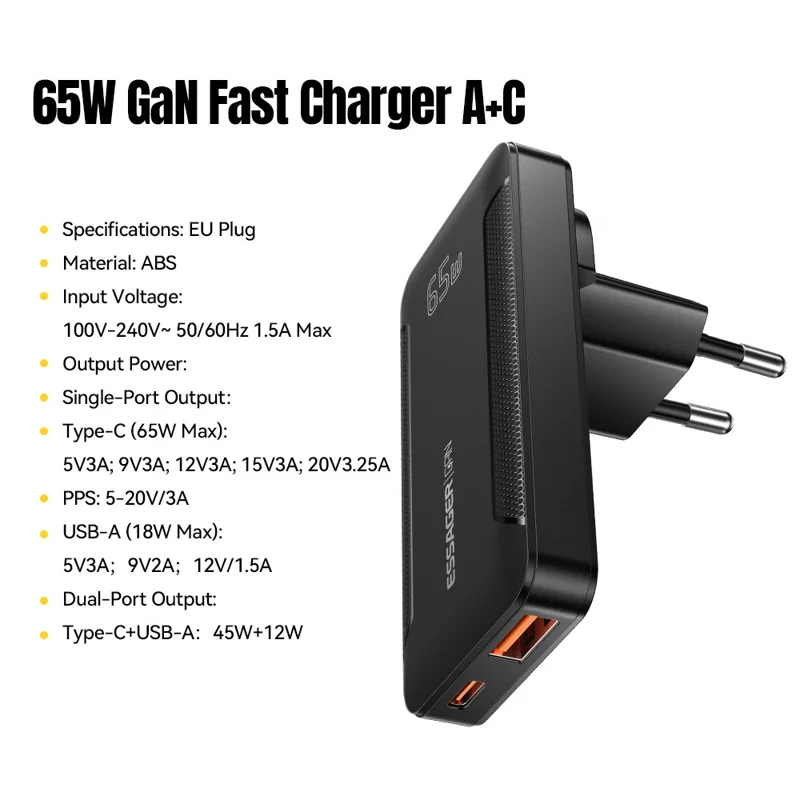 ESSAGER 65W GaN Ultraflacher Reiseladegerät USB-C + USB-A Schnellladegerät für MacBook iPhone iPad – EU-Stecker