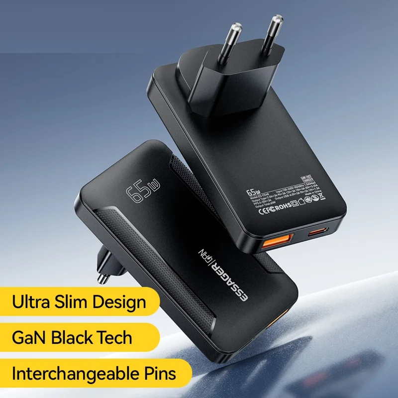 ESSAGER 65W GaN Ultraflacher Reiseladegerät USB-C + USB-A Schnellladegerät für MacBook iPhone iPad – EU-Stecker